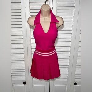 New 2 Pc Women’s Top/High Waist Pleated Tennis Skirt w/Inner Shorts Set Pink XS